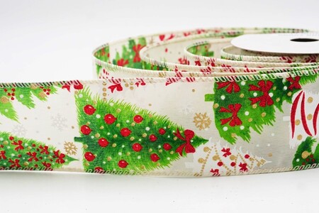 Nastro con filo color crema glitterato con alberi di Natale_KW0442GC-2-2